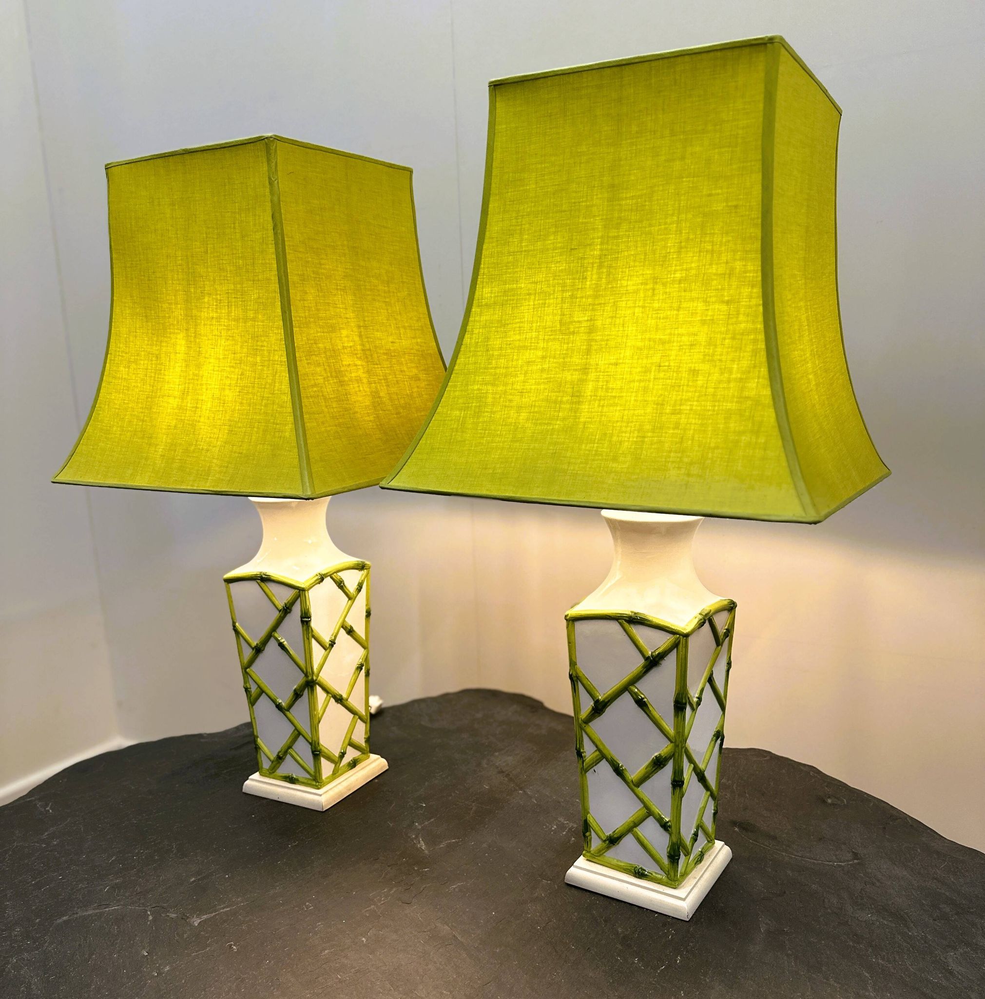 Pair of Faux Bamboo French Ceramic Table Lamps, French 1970s