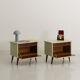 Pair of vintage bedside tables completely restyled in pale green on solid beech compass legs