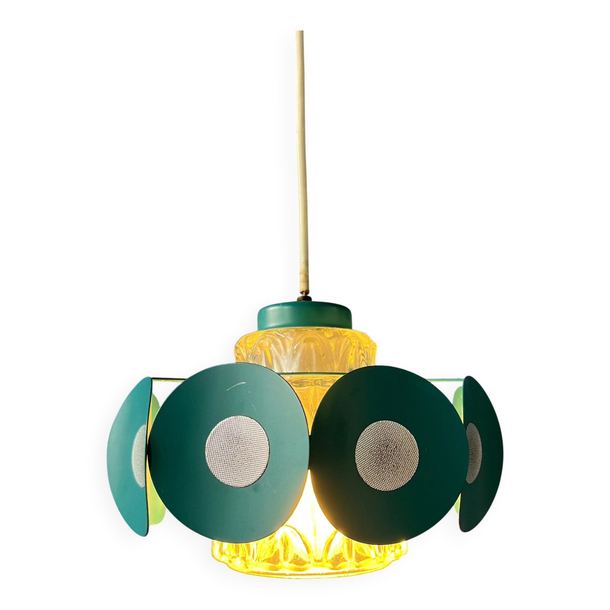 Suspension Space Age with glass shade and green/blue metal structure.