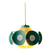 Suspension Space Age with glass shade and green/blue metal structure.