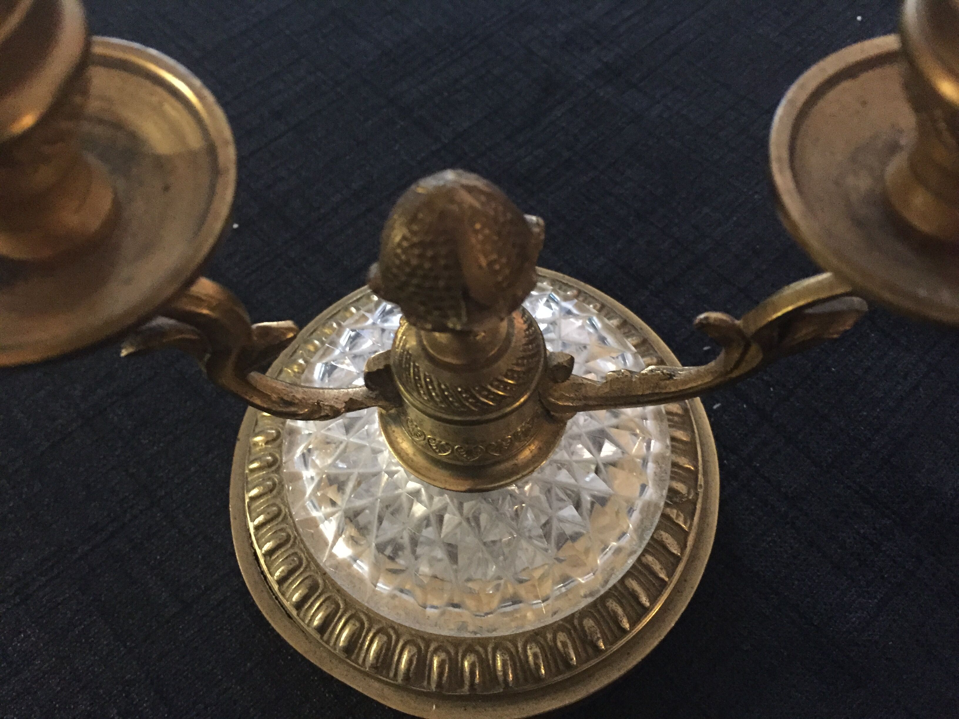 Double bronze and glass double candlestick