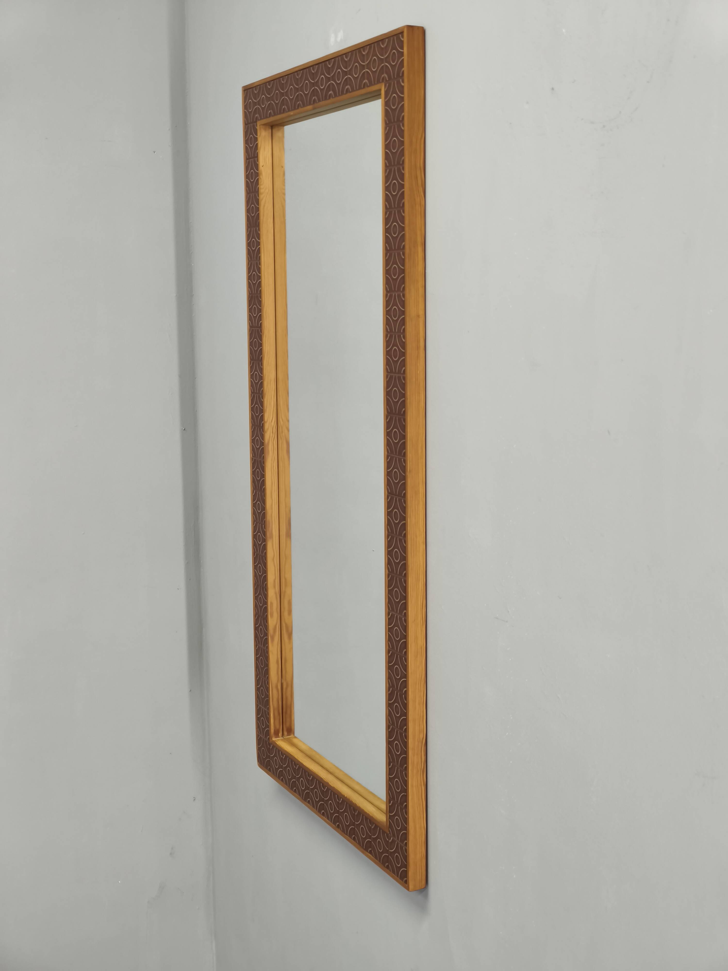 Danish Pine and Ceramic Tile Wall Mirror, 1960s