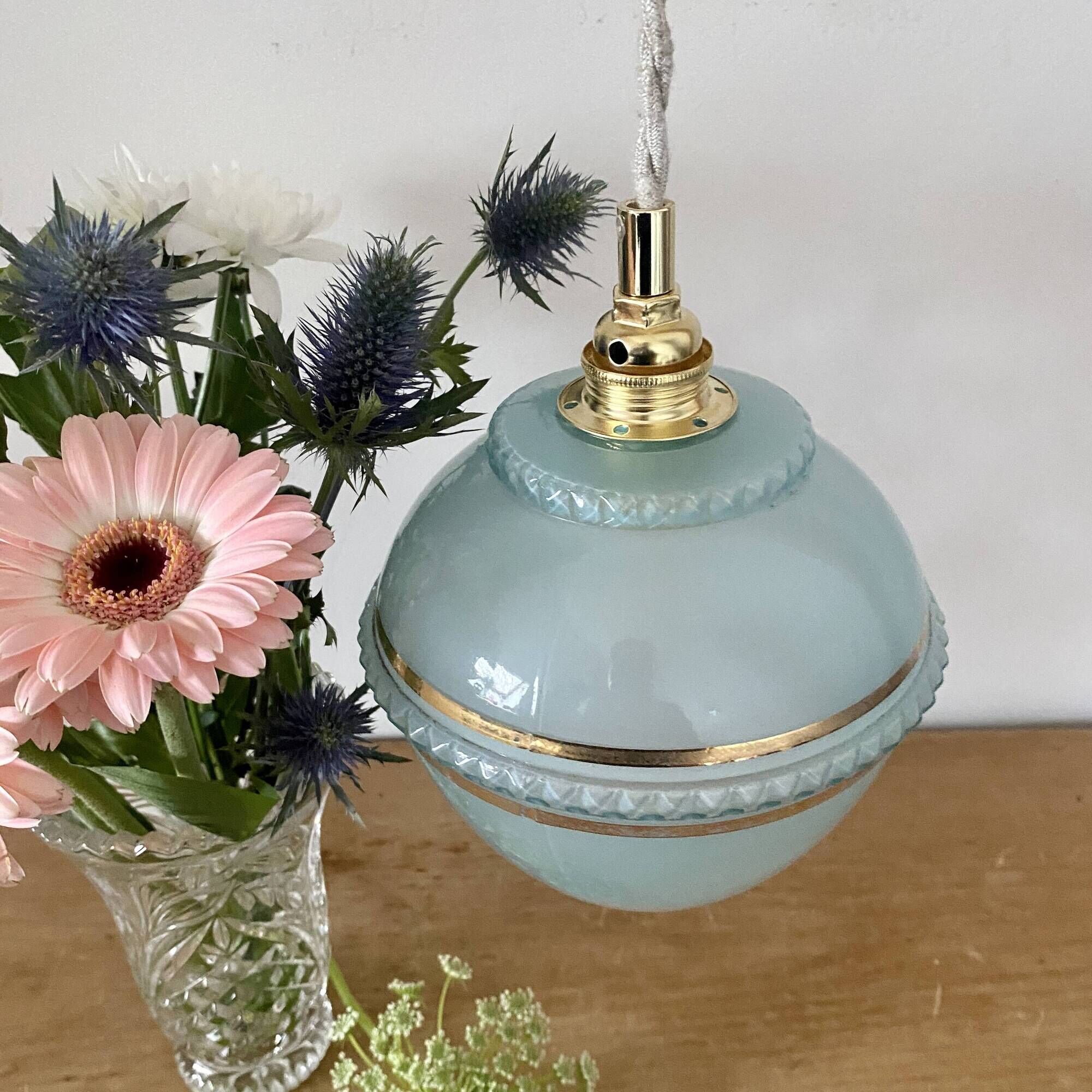 Vintage art deco tulip pendant light in blue and gold glass