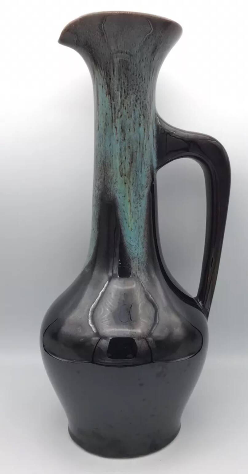 Large vase in glazed ceramic stoneware flamed effect brown and turquoise 35.5 cm