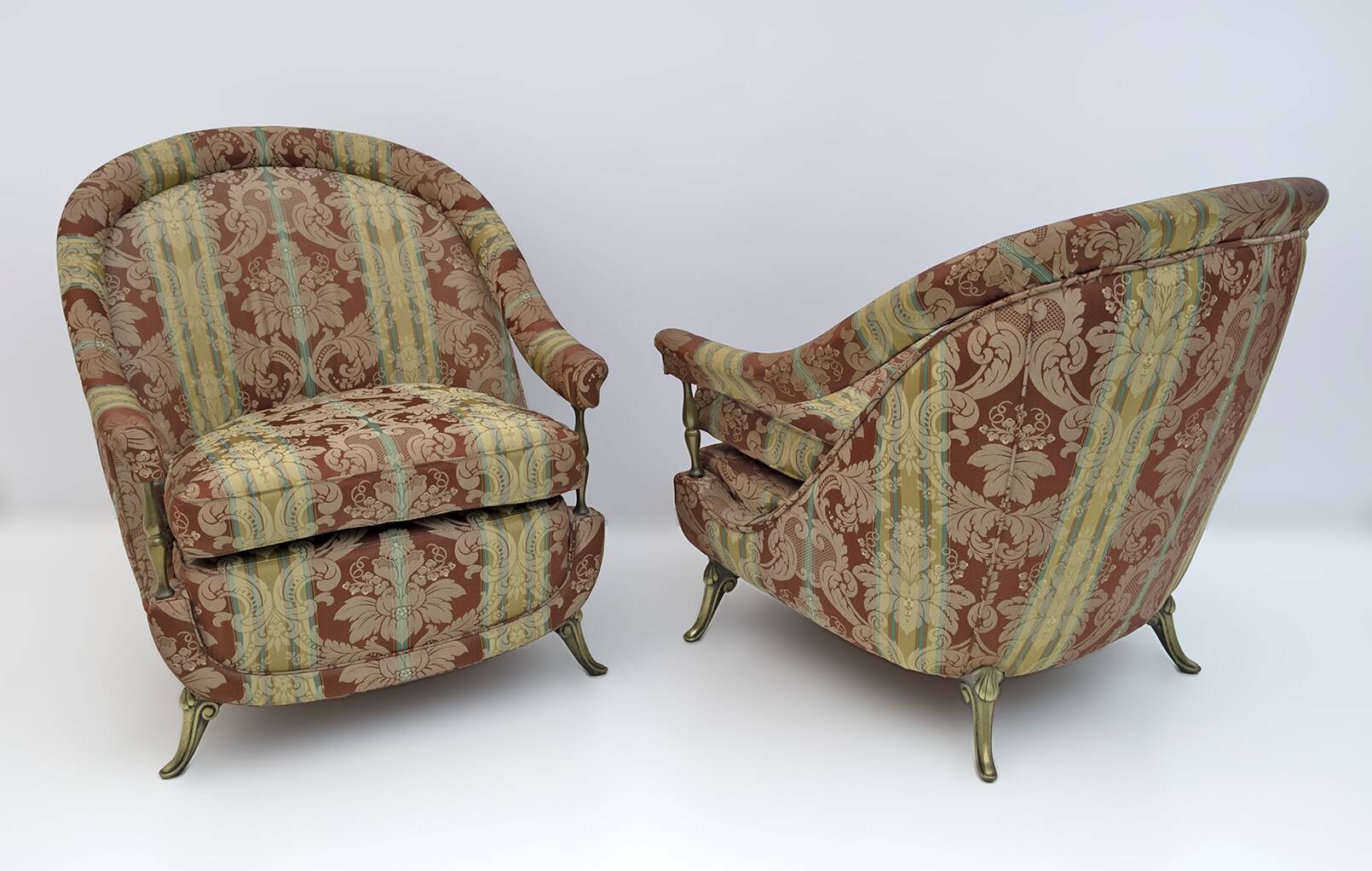 Pair Art Dèco Style French Brass And Fabric Armchairs, 1950s