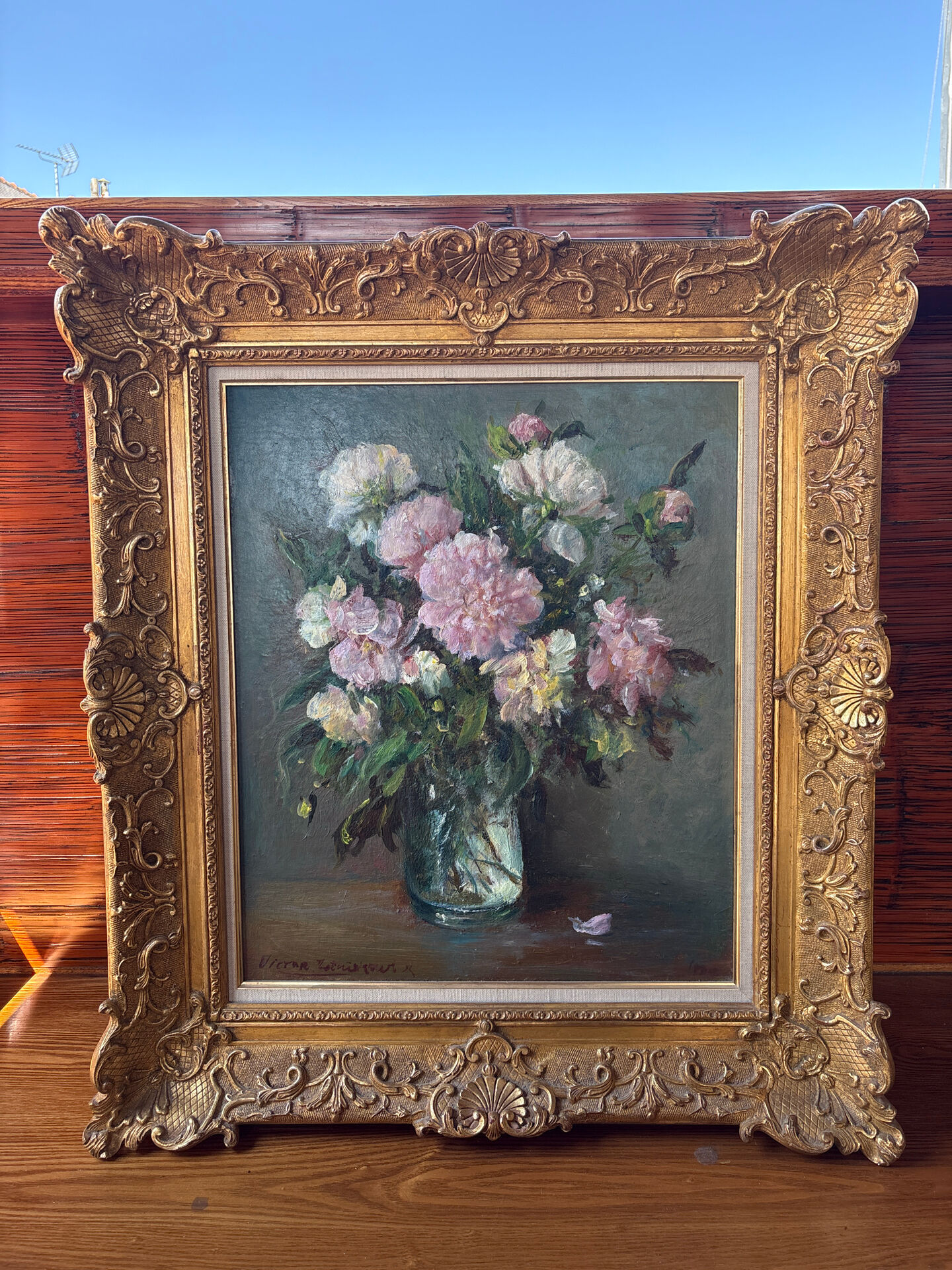 Large painting by Victor Zolnierowicz, peonies, oil on canvas, frame year