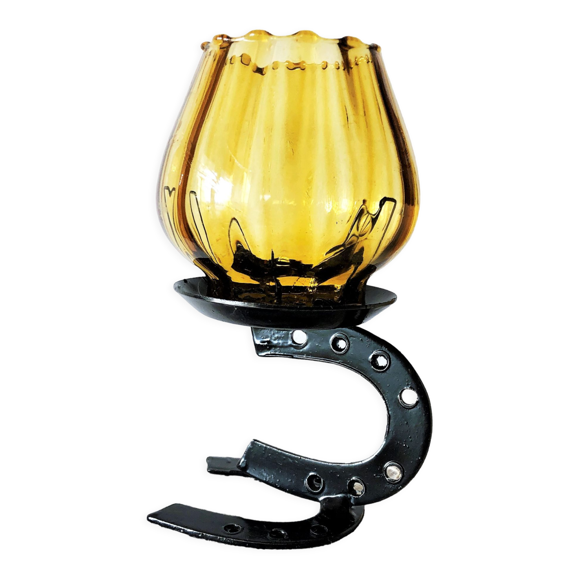 Candle holder photophore iron and amber glass vintage