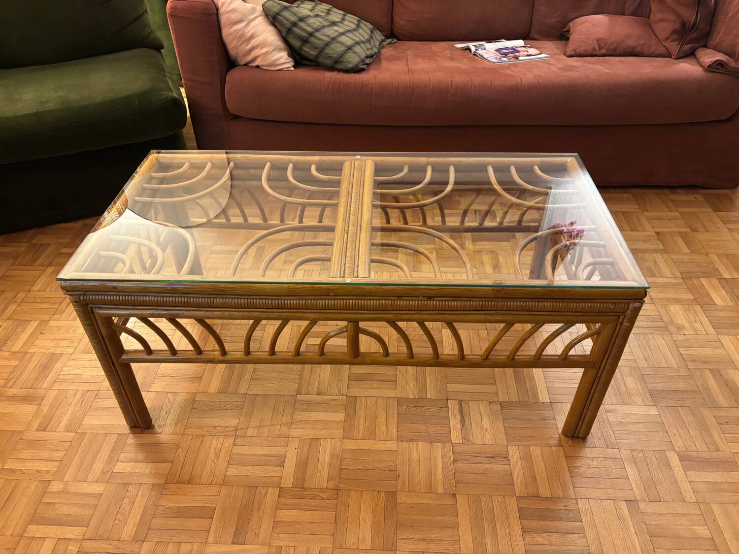 Glass and rattan coffee table