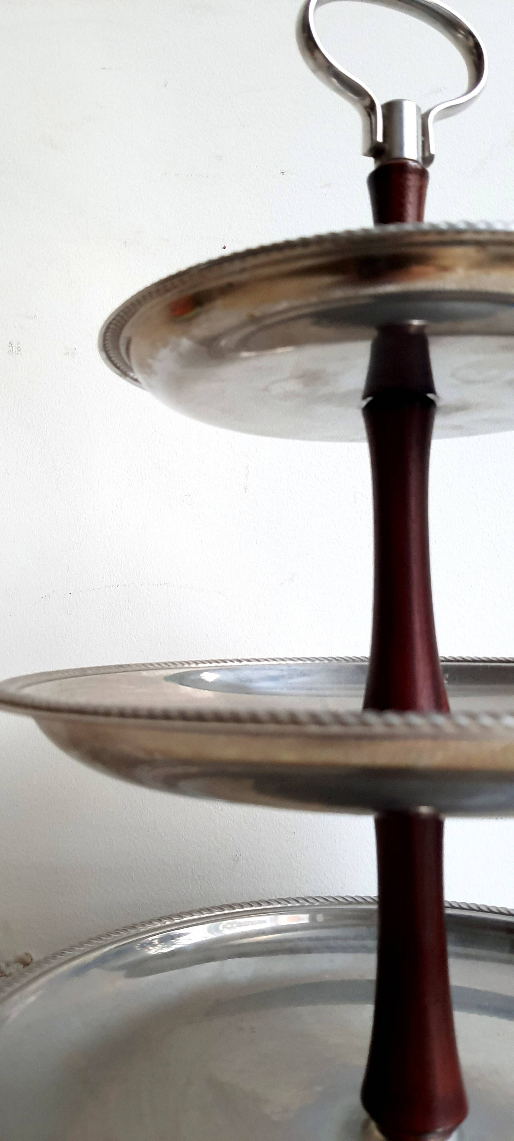 3-tier rotating dessert tray by Alessi Fratelli mod. Alfra Stainless Steel and Rosewood 1970