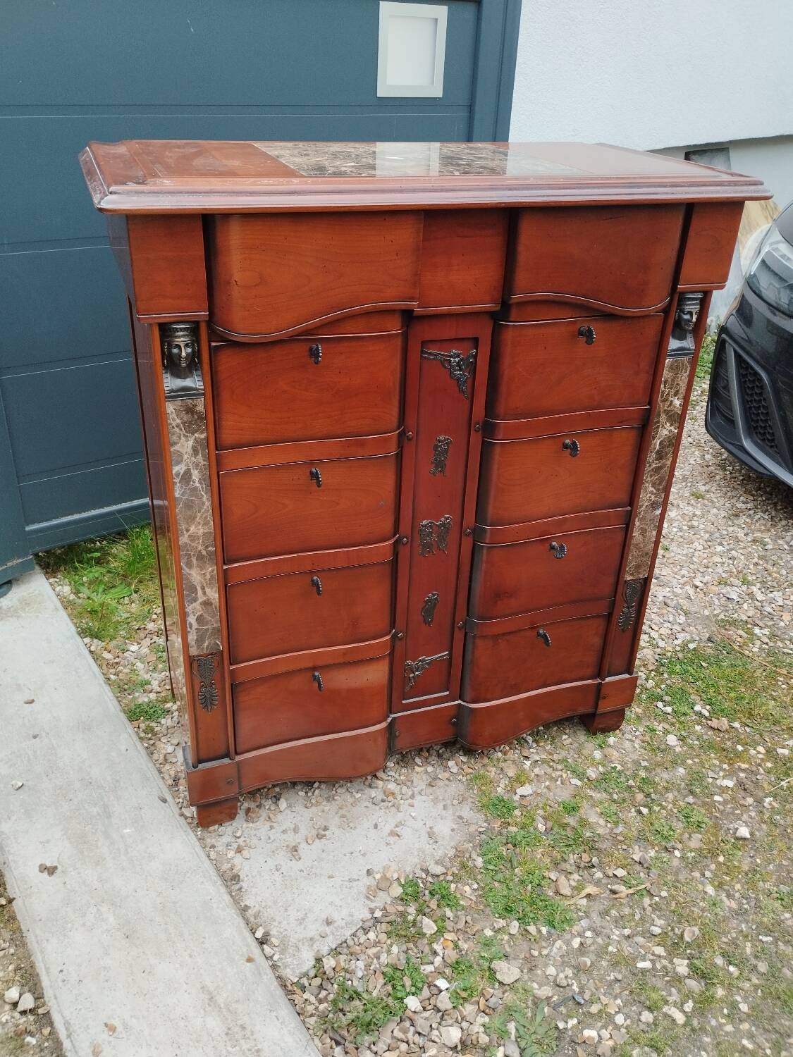 Antique weekly chest of drawers, Louis XVI style marble top