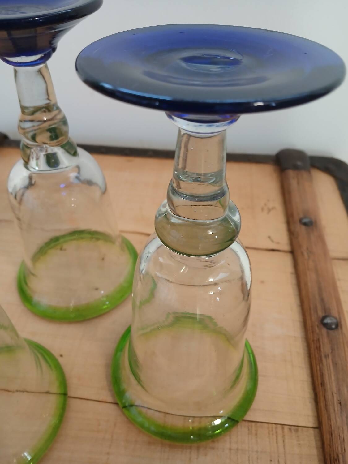 3 stemmed glasses in bubble and blown glass