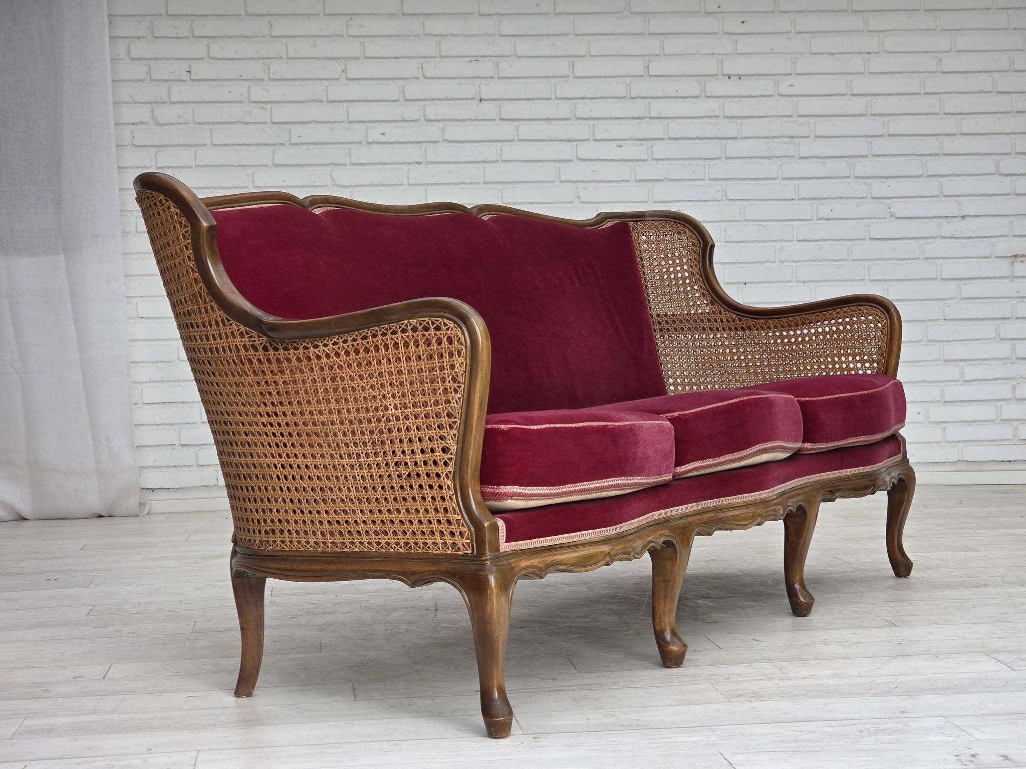1950s, Danish 3-seater sofa, furniture velour, ash wood, mesh.