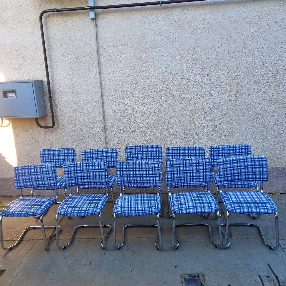 Vintage chrome cantilever chairs with blue checkered upholstery, 1970s, set of 10
