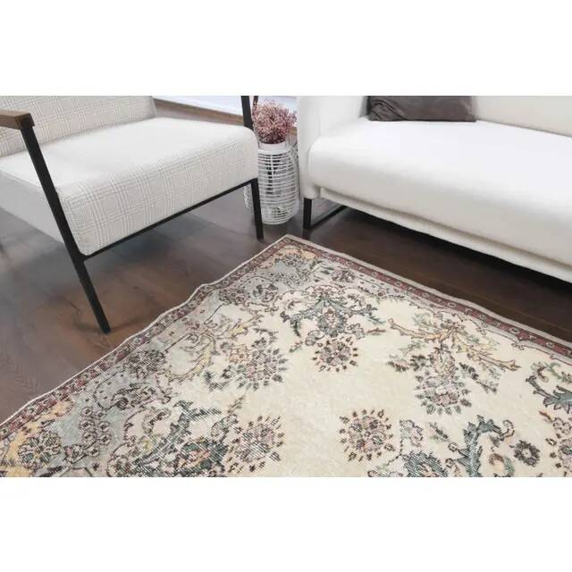 1970s Turkish Oushak Handmade Wool Cotton Beige Area Rug 120x207