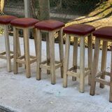 Square high bar stools in solid wood with burgundy leather 83cm