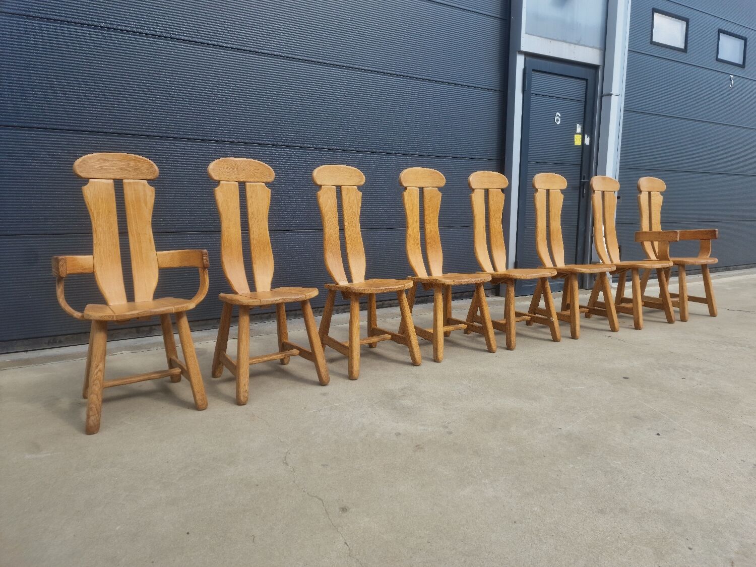 Set of 8 Britalist Oak Chairs from De Puydt, Belgium 1970s