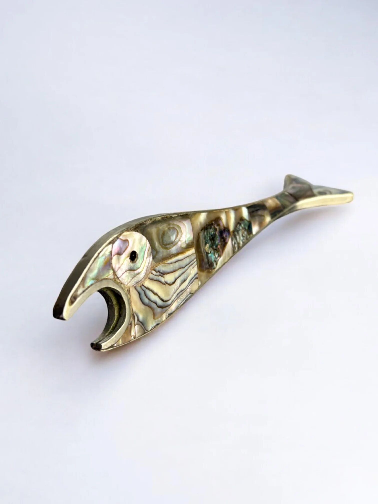Fish bottle opener, abalone shell & alpaca, Mexico, circa 1980