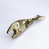 Fish bottle opener, abalone shell & alpaca, Mexico, circa 1980