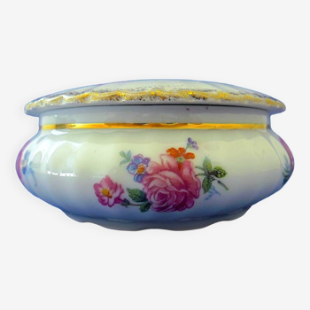 Bonbonnière en porcelaine de Limoges à décor floral et rehauts d'or