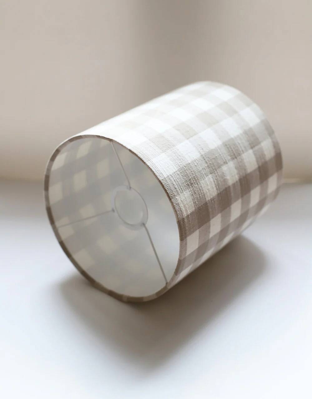 Vintage table lamp, 1950s ceramic base and beige gingham shade.