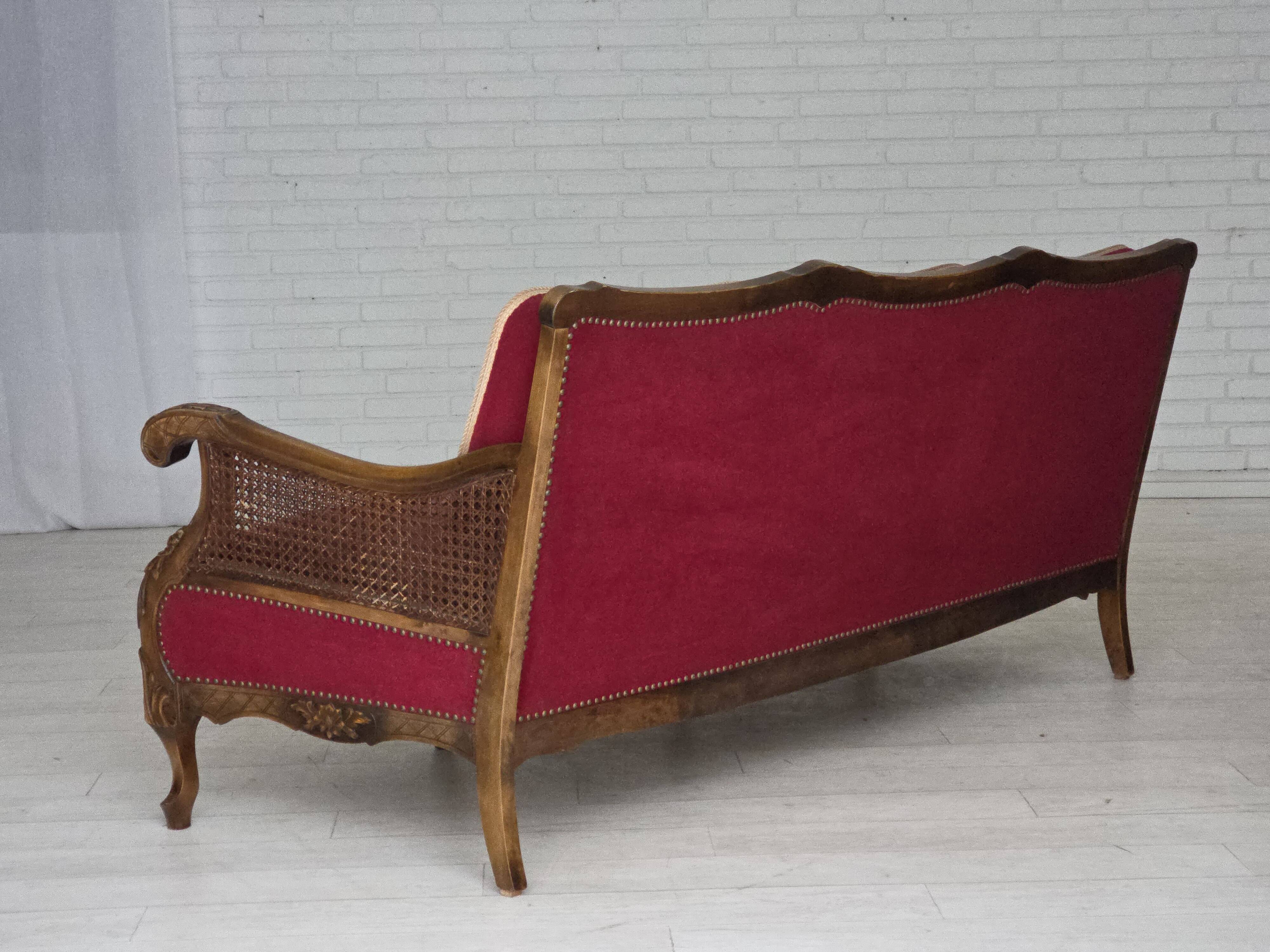 1930s, Danish 3-seater sofa, red furniture velour, furniture mesh.