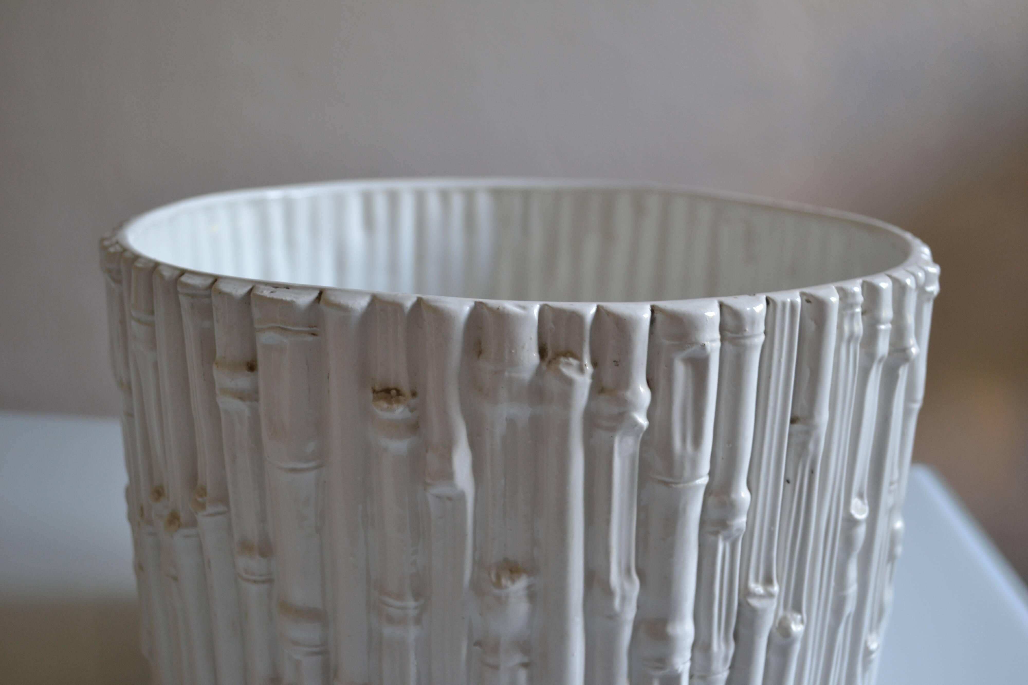Ceramic cache pot in bamboo style, Italy 1980, Hollywood Regency.