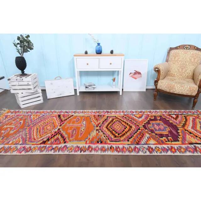 1970s Vintage Turkish Hand-Knotted Wool Cotton Orange Runner Rug 102x330