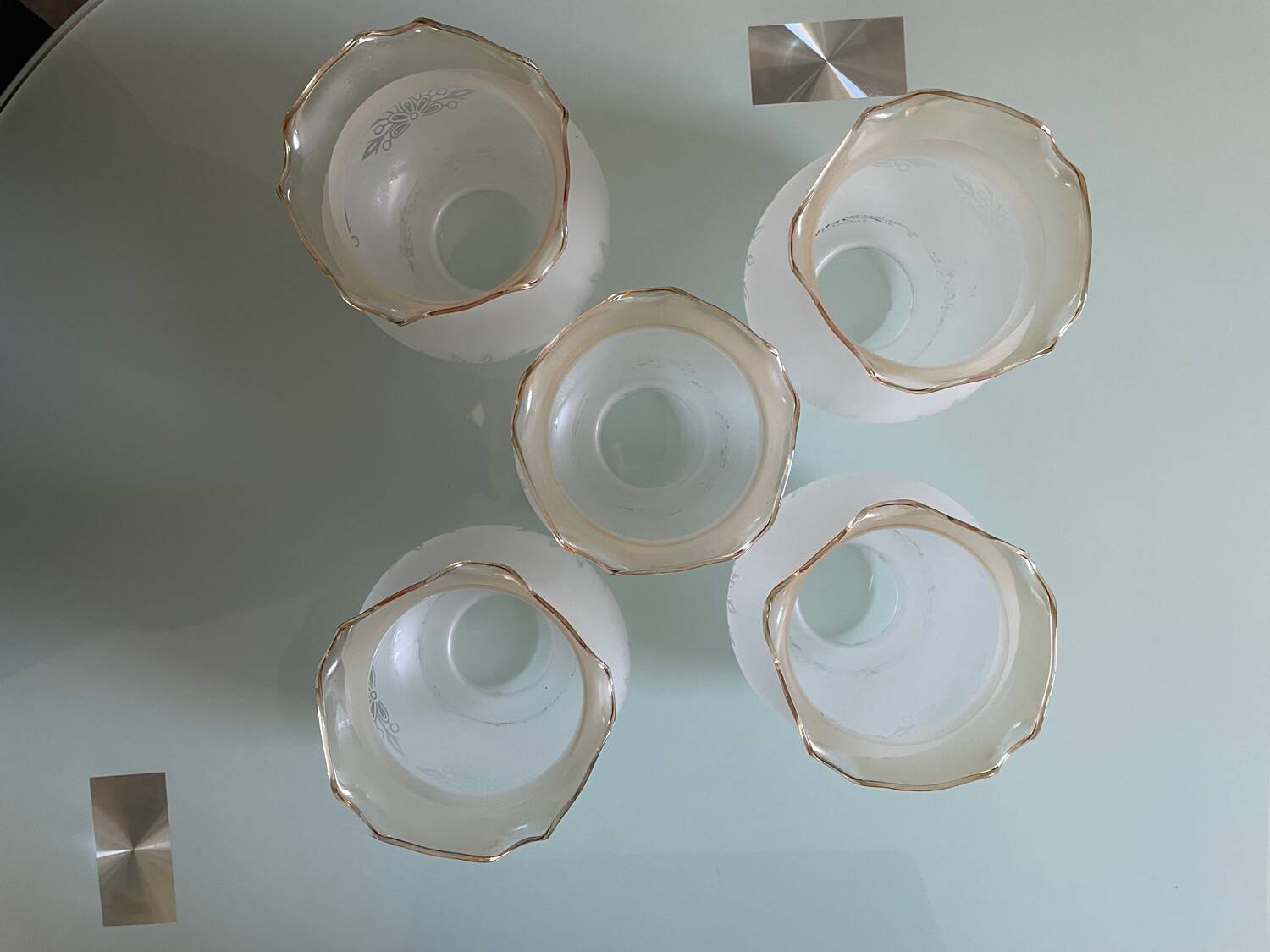 Set of 5 antique frosted glass lampshades with gold trim in Art Deco style