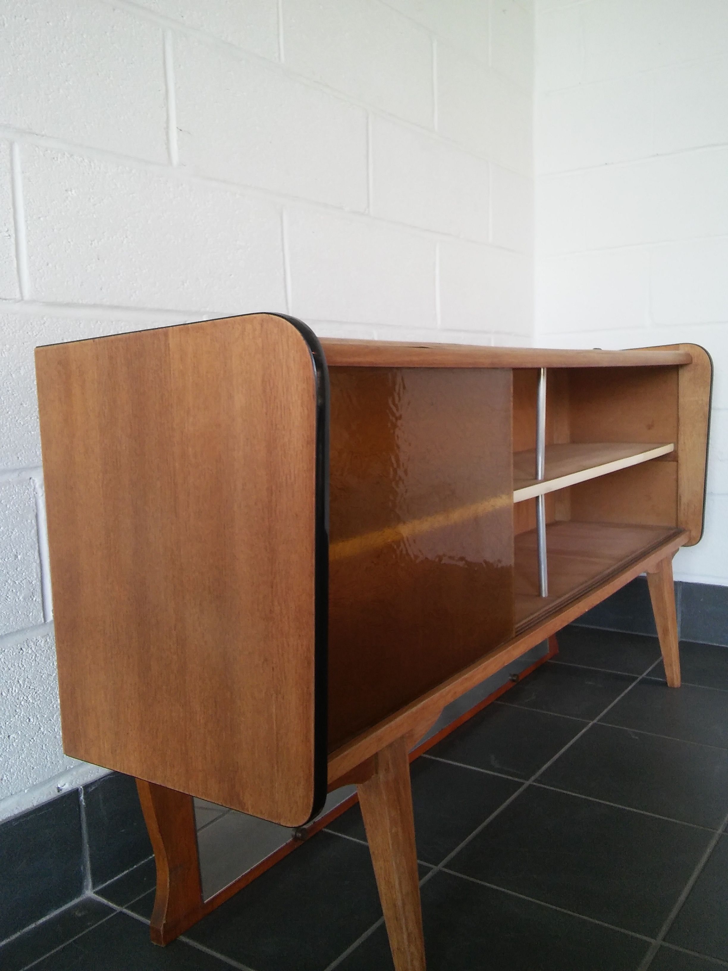 Sideboard vintage Scandinavian feet compass of oak and glass
