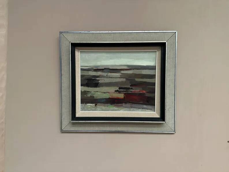 Original Swedish Oil on Panel – “Field Patches” by Evert Färhm (1901–1971) – Signed – 1968 – Vintage & Framed – 61 × 53 cm (24" × 20.9")