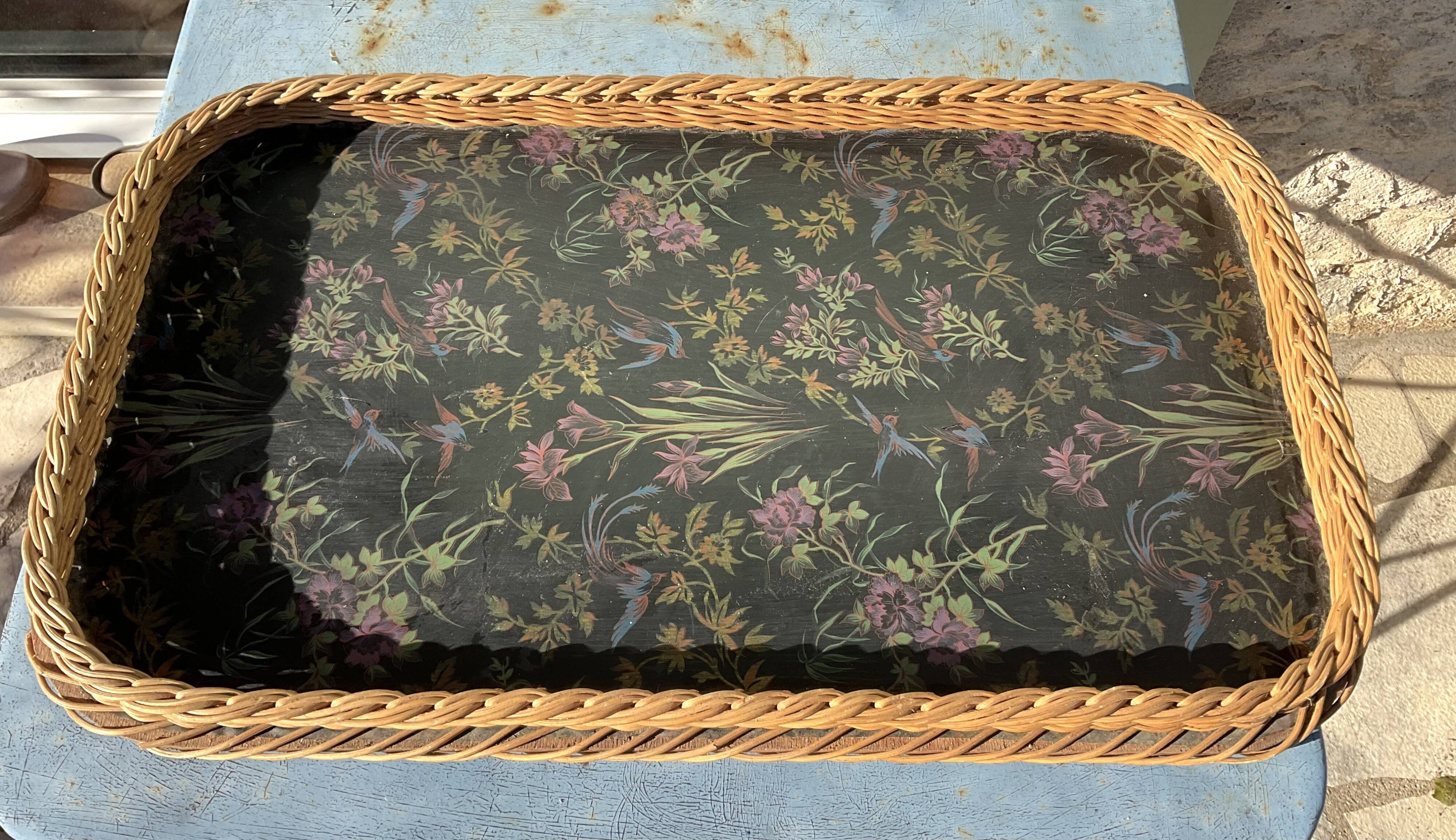 Large wood and wicker tray