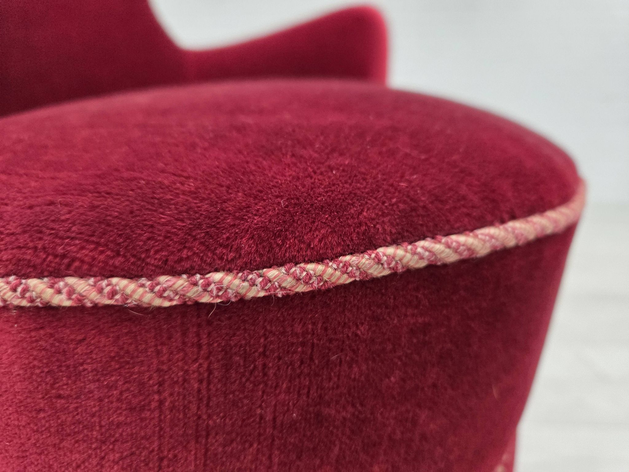 1970s, Danish armchair, cherry-red furniture velour, ash wood legs.