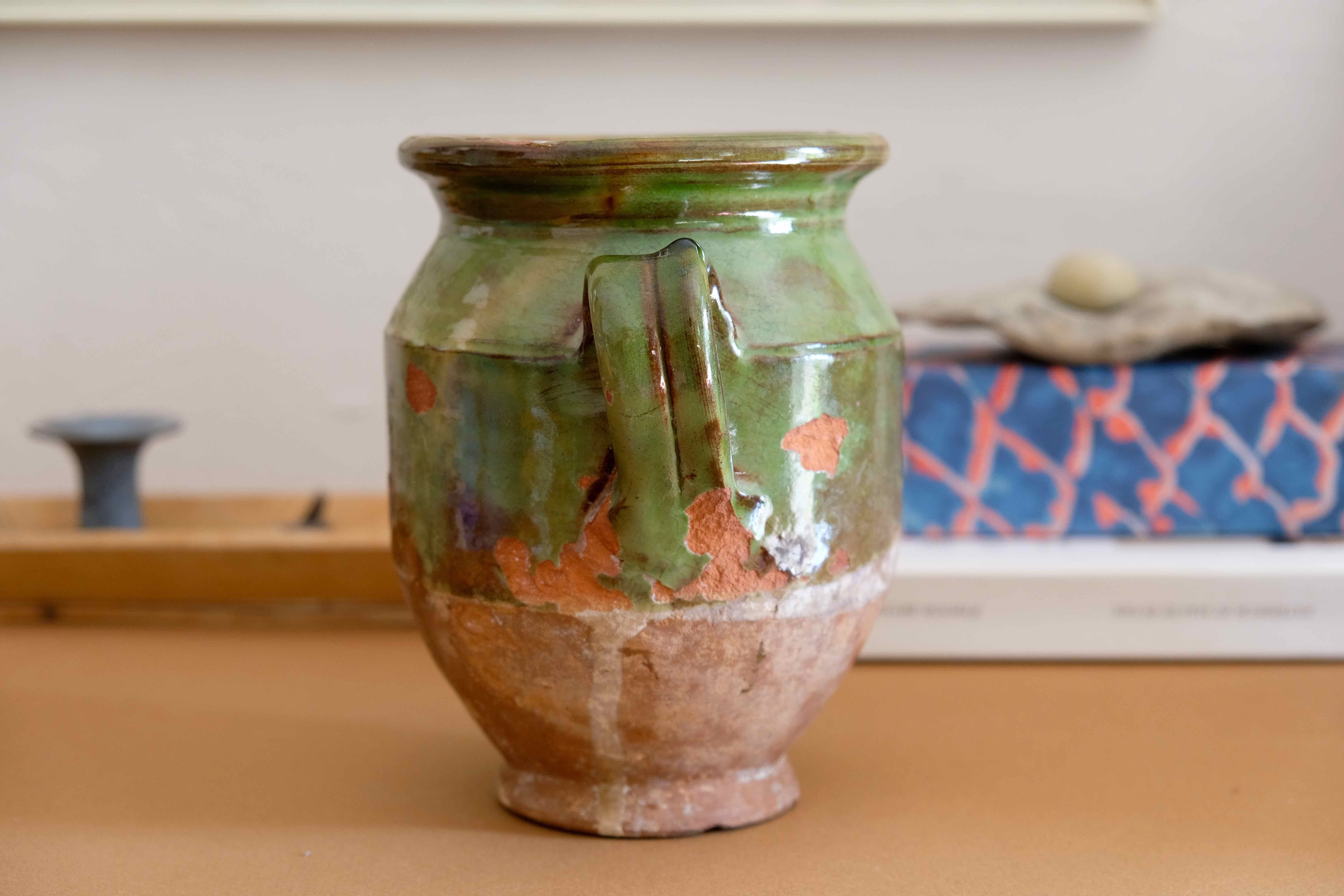 Terra cotta glazed Provencal old enameled antique olive jar