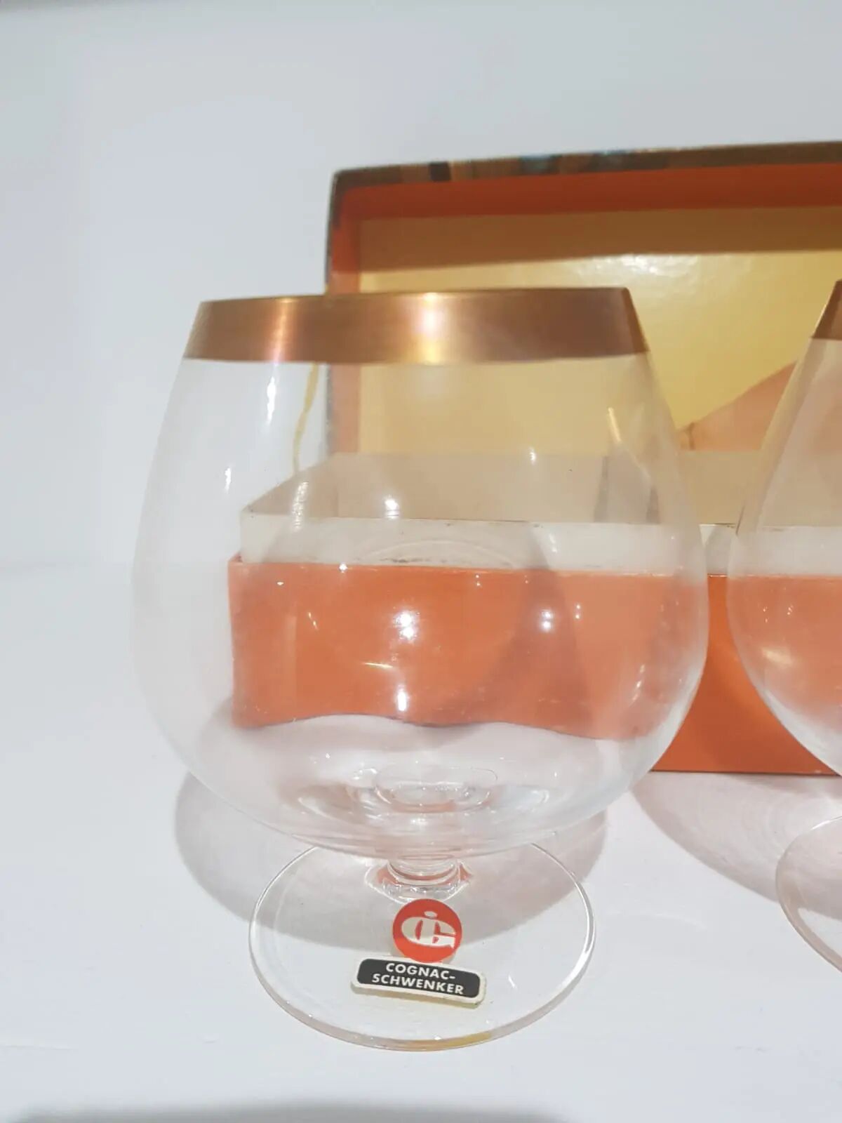 Set of 6 cognac glasses, clear glass, gilding / Austria / 1960s.