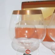Set of 6 cognac glasses, clear glass, gilding / Austria / 1960s.