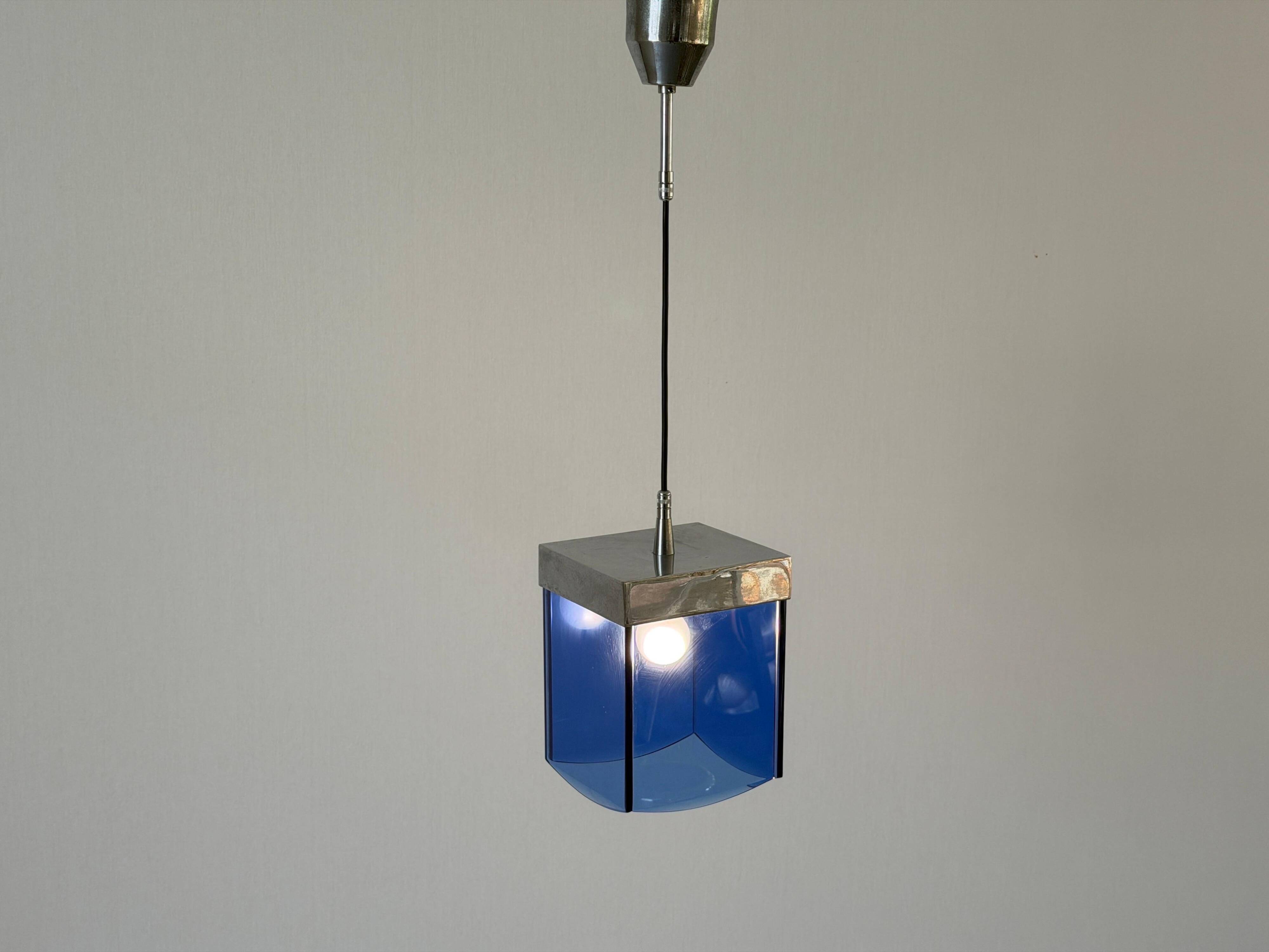 Art Deco ceiling light in blue glass and chrome, 1950s, Italy