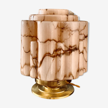 Lampe globe art deco en opaline marbrée rose