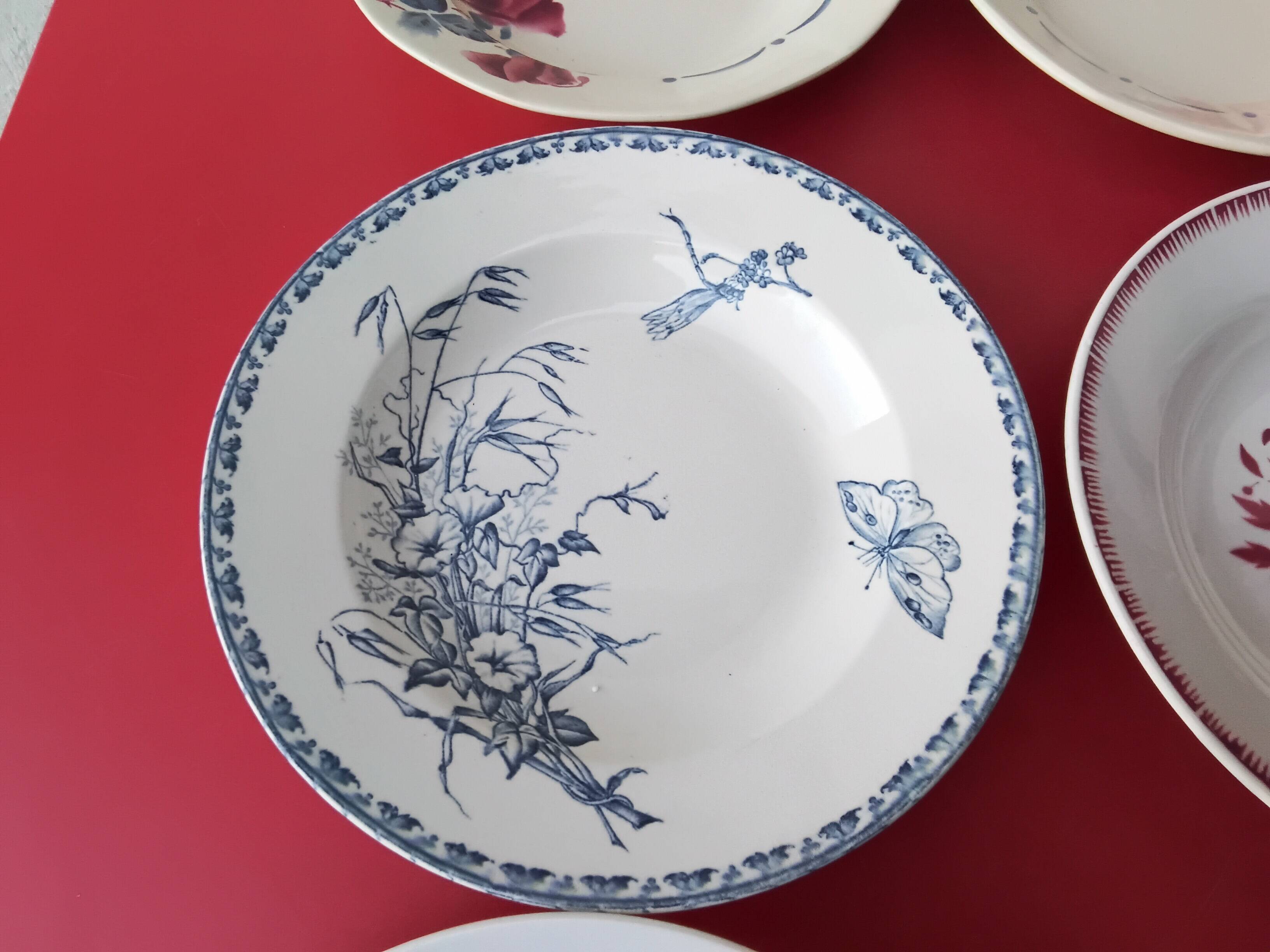 Set of six mismatched antique soup plates