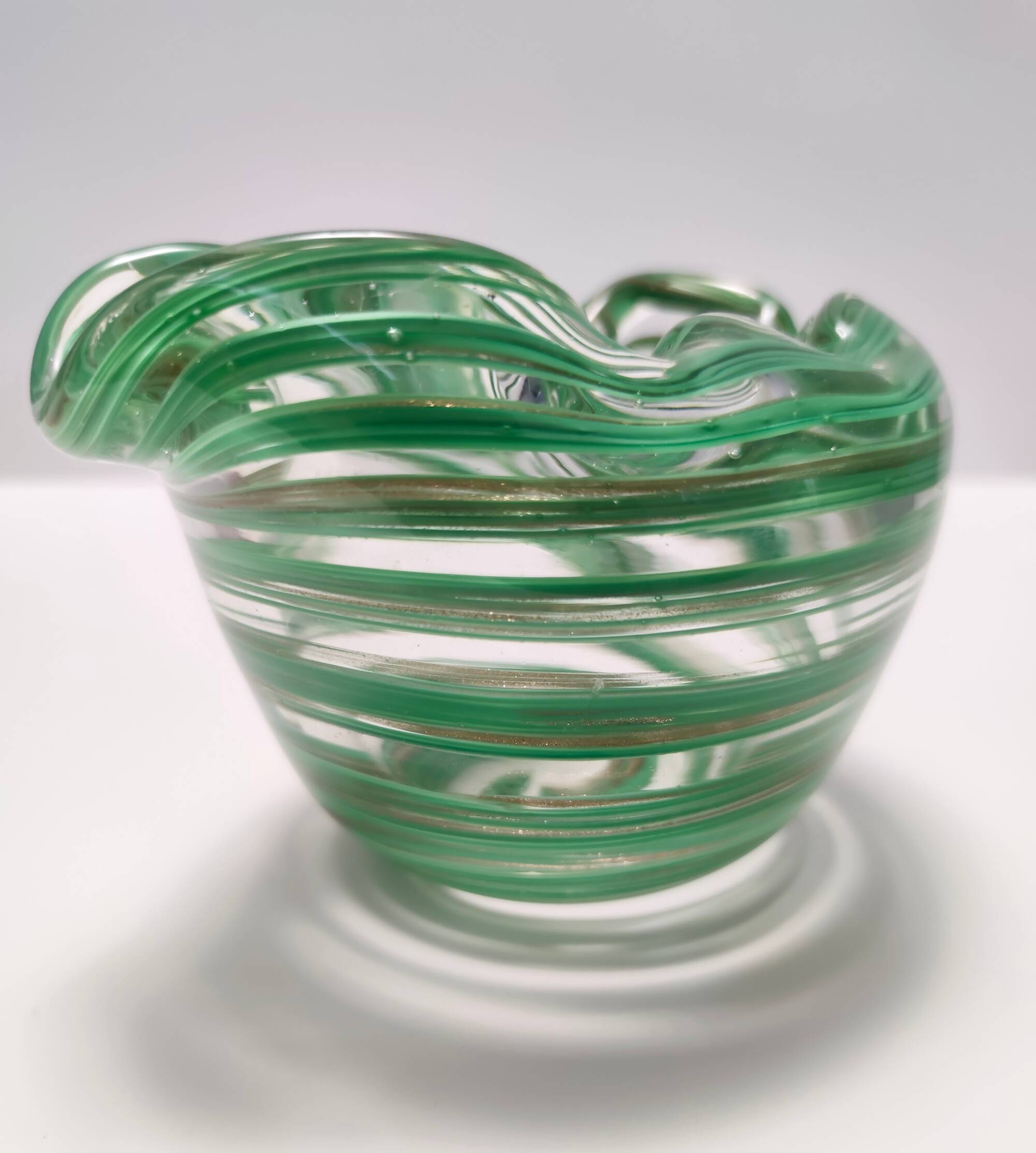 Murano Glass Bowl or Ashtray with Green Canes and Aventurine Glass, Italy