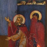 19th Century oak Traditional Religious Icon Saint Healing a Sick Person