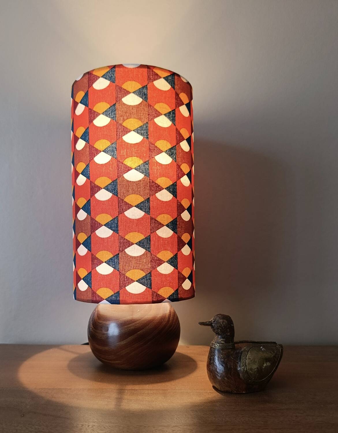 vintage wooden ball lamp, graphic lampshade in 70s style