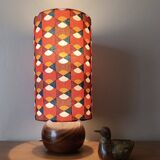 vintage wooden ball lamp, graphic lampshade in 70s style