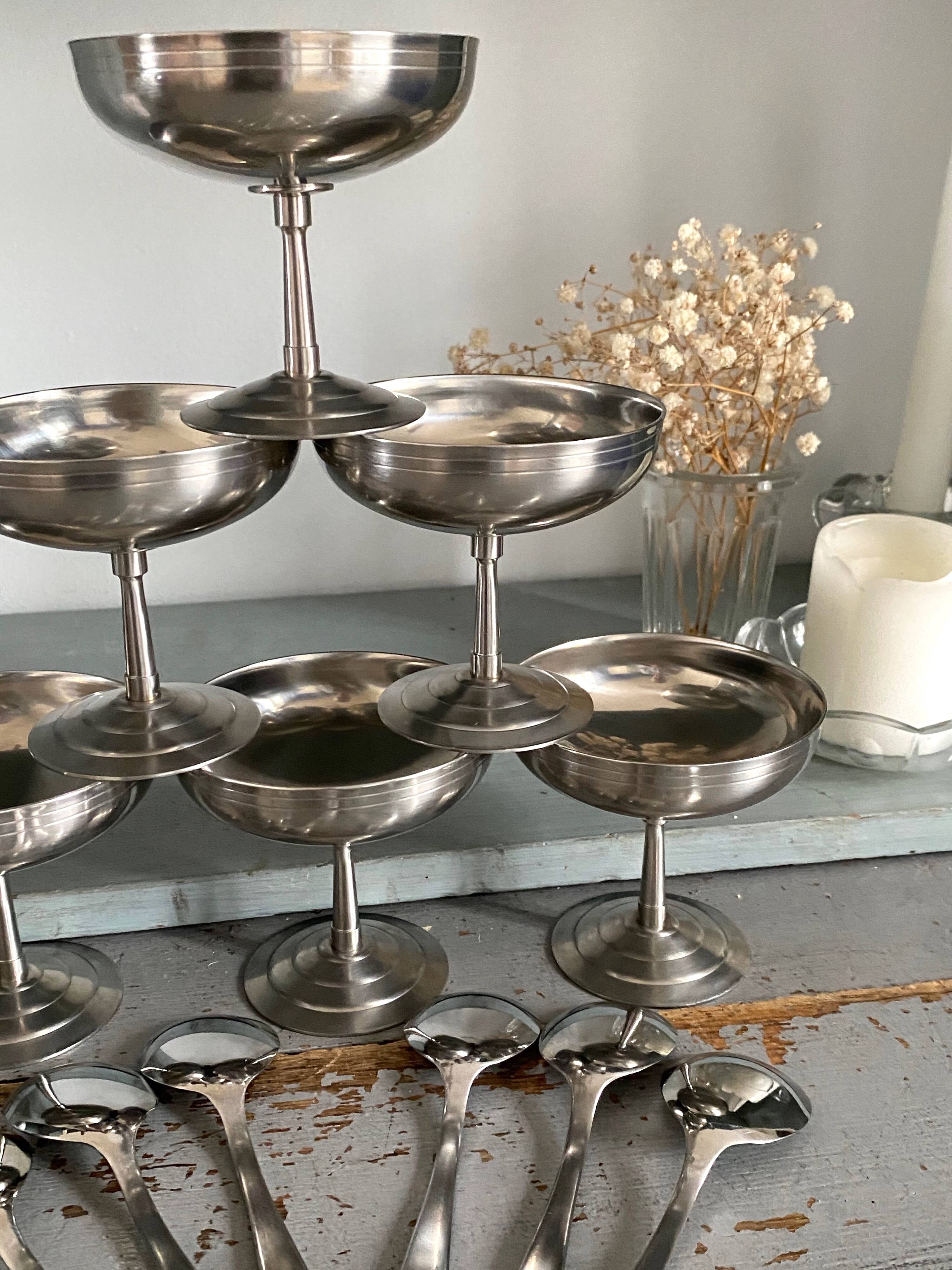 Ice cream cup with spoons, vintage stainless steel