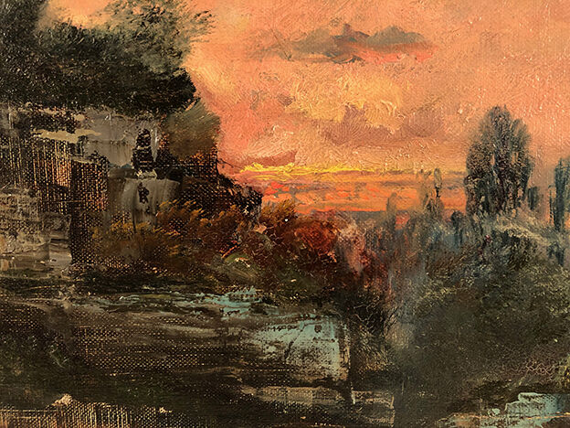 Oil on canvas, "Riverside at sunrise" signed J.Bain