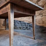 Antique French pine dining table, large farmhouse table on wheels, 19th century.