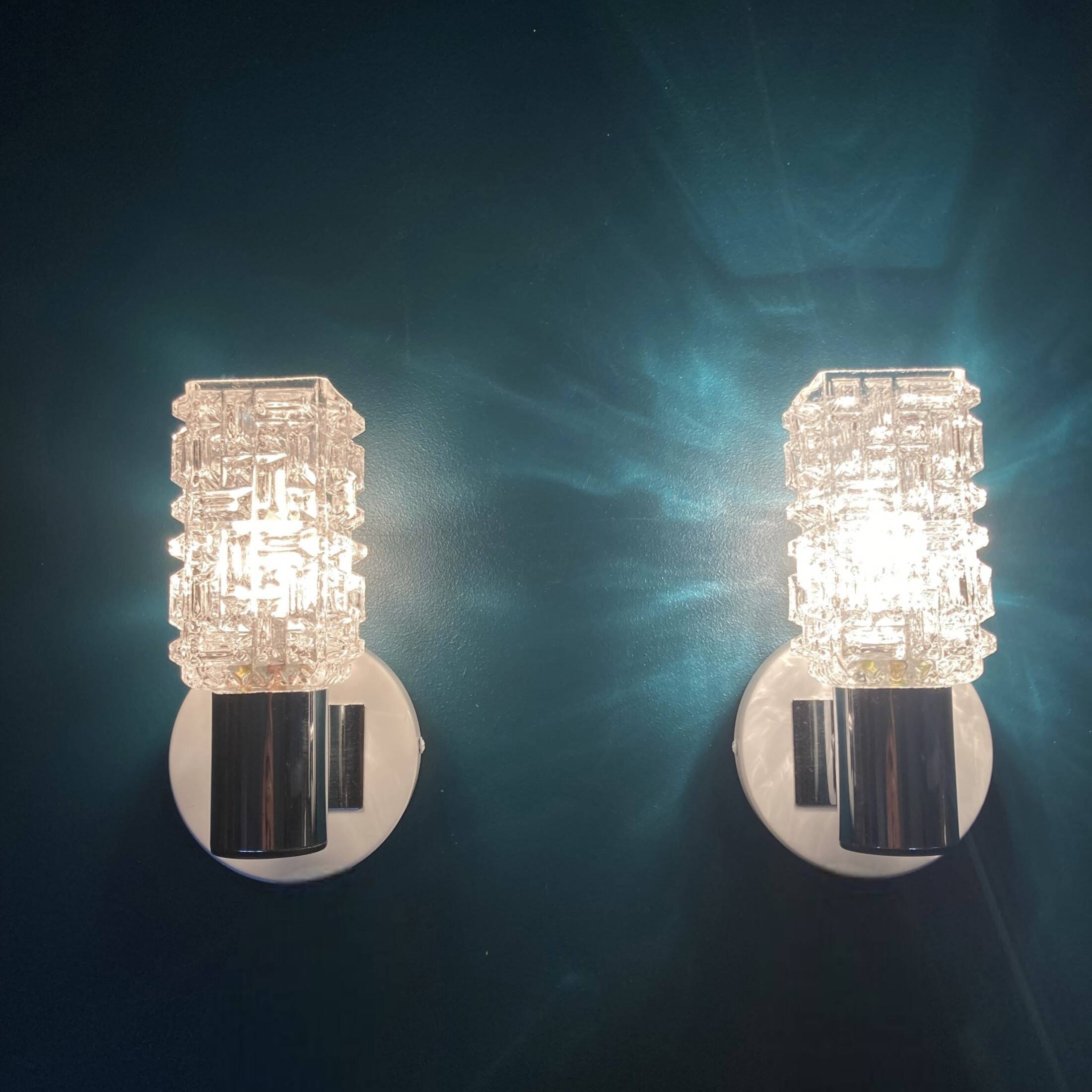 Pair of wall lights stainless steel glass minimalist 1970 seventies antique transparent luminaire