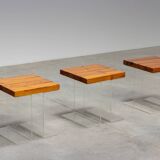 Set of three side tables in plexiglass and elm wood 1970 France