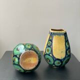 A pair of green and yellow vases
