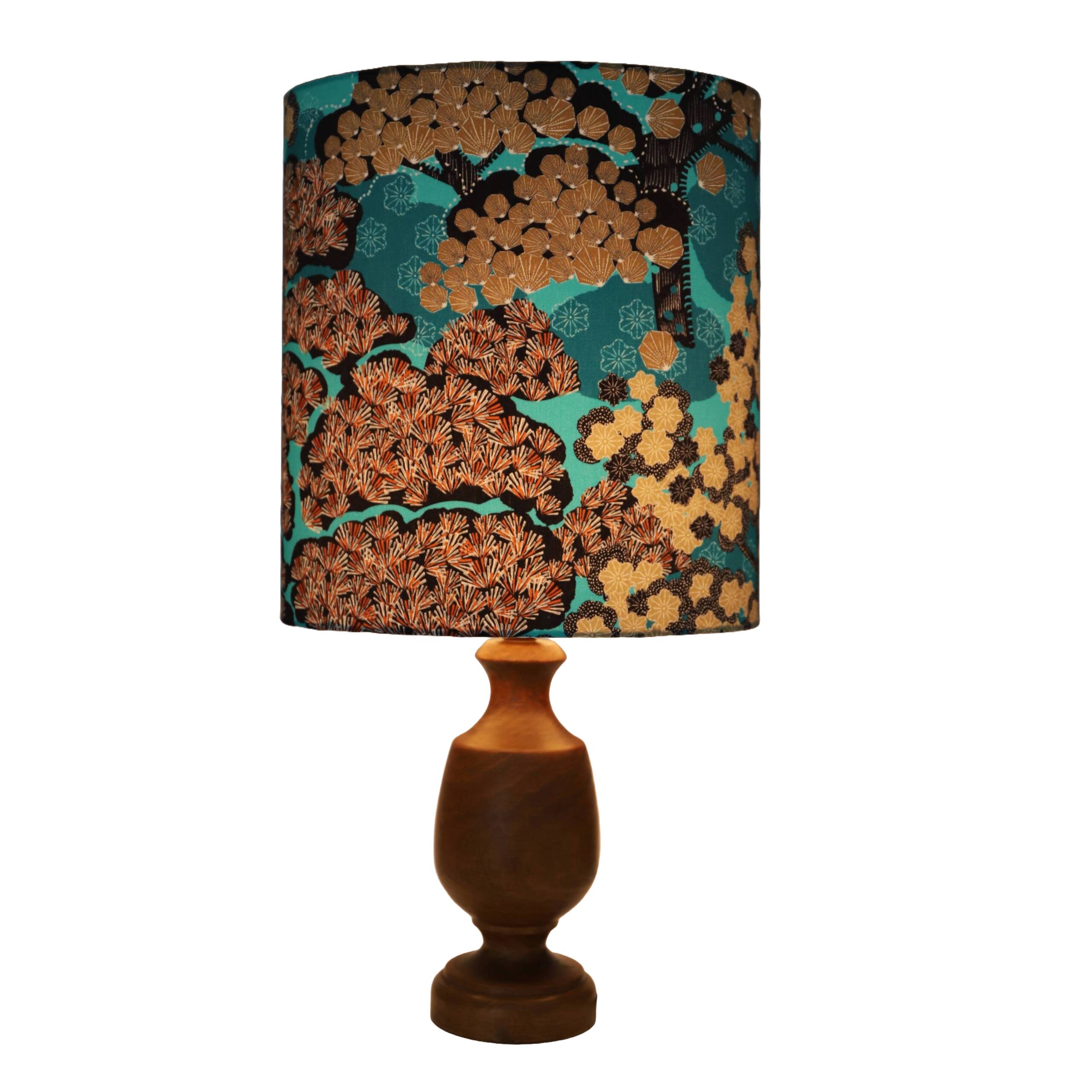 Vintage wooden foot lamp and printed oval lampshade