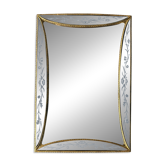 Hollywood Regency mirror, unique shape, engraved glass, gold wooden frame.